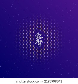 A large white contour carnivorous plant symbol in the center, surrounded by small dots. Dots of different colors in the shape of a ball. Vector illustration on dark blue gradient background with stars