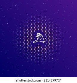 A large white contour Christmas deer in the center, surrounded by small dots. Dots of different colors in the shape of a ball. Vector illustration on dark blue gradient background with stars