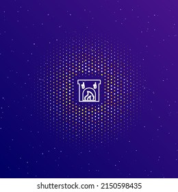 A large white contour christmas fireplace symbol in the center, surrounded by small dots. Vector illustration on dark blue gradient background with stars