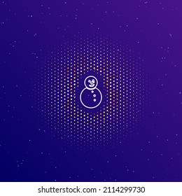 A large white contour Christmas snowman in the center, surrounded by small dots. Dots of different colors in the shape of a ball. Vector illustration on dark blue gradient background with stars