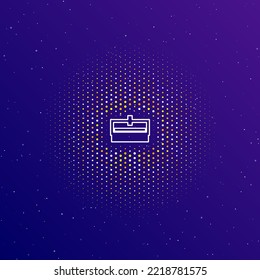En el centro hay un gran símbolo de máquina de cnc de contorno blanco, rodeado de pequeños puntos. Puntos de diferentes colores en forma de bola. Ilustración vectorial sobre fondo de gradiente azul oscuro con estrellas