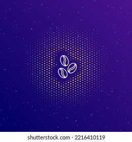 A large white contour coffee beans symbol in the center, surrounded by small dots. Dots of different colors in the shape of a ball. Vector illustration on dark blue gradient background with stars