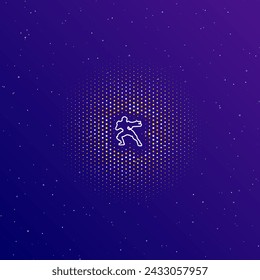 A large white contour combat robot in the center, surrounded by small dots. Dots of different colors in the shape of a ball. Vector illustration on dark blue gradient background with stars