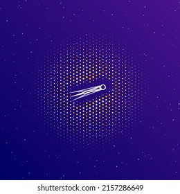 A large white contour comet symbol in the center, surrounded by small dots. Dots of different colors in the shape of a ball. Vector illustration on dark blue gradient background with stars