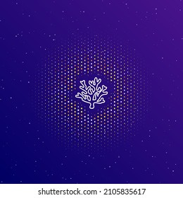 A large white contour coral symbol in the center, surrounded by small dots. Dots of different colors in the shape of a ball. Vector illustration on dark blue gradient background with stars