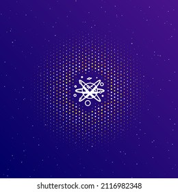 A large white contour cosmic symbol in the center, surrounded by small dots. Dots of different colors in the shape of a ball. Vector illustration on dark blue gradient background with stars