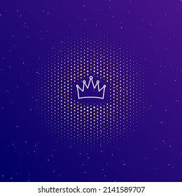 A large white contour crown symbol in the center, surrounded by small dots. Dots of different colors in the shape of a ball. Vector illustration on dark blue gradient background with stars
