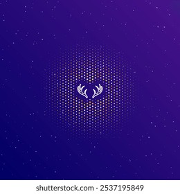A large white contour deer horns symbol in the center, surrounded by small dots. Dots of different colors in the shape of a ball. Vector illustration on dark blue gradient background with stars