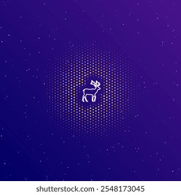 A large white contour deer symbol in the center, surrounded by small dots. Dots of different colors in the shape of a ball. Vector illustration on dark blue gradient background with stars