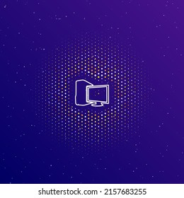 A large white contour desktop symbol in the center, surrounded by small dots. Dots of different colors in the shape of a ball. Vector illustration on dark blue gradient background with stars