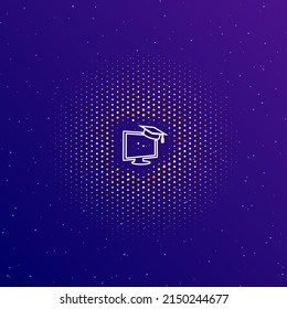 A large white contour distance learning symbol in the center, surrounded by small dots. Dots of different colors in the shape of a ball. Vector illustration on dark blue gradient background with stars