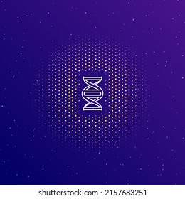 A large white contour dna symbol in the center, surrounded by small dots. Dots of different colors in the shape of a ball. Vector illustration on dark blue gradient background with stars