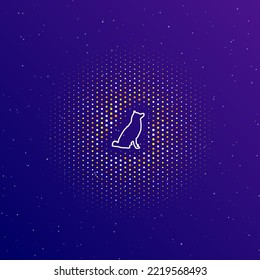 A large white contour dog symbol in the center, surrounded by small dots. Dots of different colors in the shape of a ball. Vector illustration on dark blue gradient background with stars