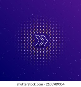 Un gran símbolo blanco de doble flecha en el centro, rodeado de pequeños puntos. Puntos de diferentes colores en forma de bola. Ilustración vectorial sobre fondo de gradiente azul oscuro con estrellas