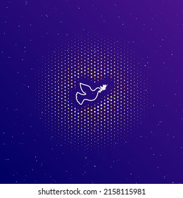A large white contour dove of peace symbol in the center, surrounded by small dots. Dots of different colors in the shape of a ball. Vector illustration on dark blue gradient background with stars