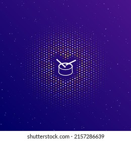 A large white contour drum symbol in the center, surrounded by small dots. Dots of different colors in the shape of a ball. Vector illustration on dark blue gradient background with stars