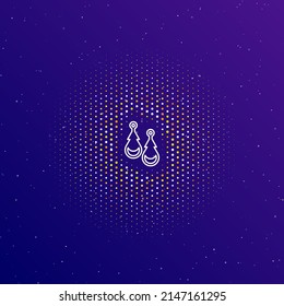 A large white contour earrings symbol in the center, surrounded by small dots. Dots of different colors in the shape of a ball. Vector illustration on dark blue gradient background with stars