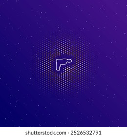 A large white contour electric drill symbol in the center, surrounded by small dots. Dots of different colors in the shape of a ball. Vector illustration on dark blue gradient background with stars