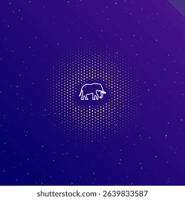 A large white contour elephant symbol in the center, surrounded by small dots. Dots of different colors in the shape of a ball. Vector illustration on dark blue gradient background with stars