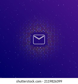 A large white contour email symbol in the center, surrounded by small dots. Dots of different colors in the shape of a ball. Vector illustration on dark blue gradient background with stars