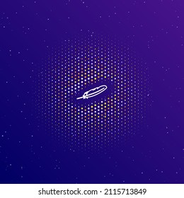 A large white contour feather symbol in the center, surrounded by small dots. Dots of different colors in the shape of a ball. Vector illustration on dark blue gradient background with stars