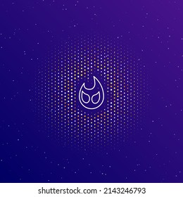 A large white contour fire symbol in the center, surrounded by small dots. Dots of different colors in the shape of a ball. Vector illustration on dark blue gradient background with stars