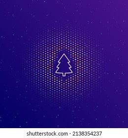 A large white contour fir-tree symbol in the center, surrounded by small dots. Dots of different colors in the shape of a ball. Vector illustration on dark blue gradient background with stars