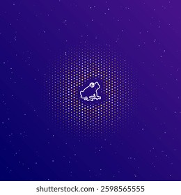 A large white contour frog symbol in the center, surrounded by small dots. Dots of different colors in the shape of a ball. Vector illustration on dark blue gradient background with stars