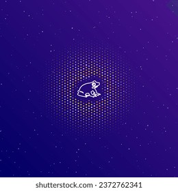 A large white contour funny frog in the center, surrounded by small dots. Dots of different colors in the shape of a ball. Vector illustration on dark blue gradient background with stars