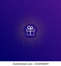 A large white contour gift symbol in the center, surrounded by small dots. Dots of different colors in the shape of a ball. Vector illustration on dark blue gradient background with stars