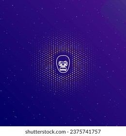 A large white contour gorilla head in the center, surrounded by small dots. Dots of different colors in the shape of a ball. Vector illustration on dark blue gradient background with stars