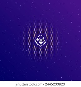 A large white contour gorilla head symbol in the center, surrounded by small dots. Dots of different colors in the shape of a ball. Vector illustration on dark blue gradient background with stars