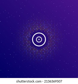 A large white contour gramophone record symbol in the center, surrounded by small dots. Dots of different colors in the shape of a ball. Vector illustration on dark blue gradient background with stars