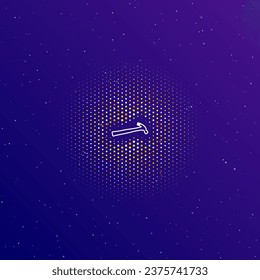 A large white contour hammer symbol in the center, surrounded by small dots. Dots of different colors in the shape of a ball. Vector illustration on dark blue gradient background with stars