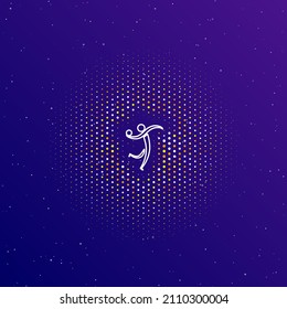 A large white contour handball symbol in the center, surrounded by small dots. Dots of different colors in the shape of a ball. Vector illustration on dark blue gradient background with stars