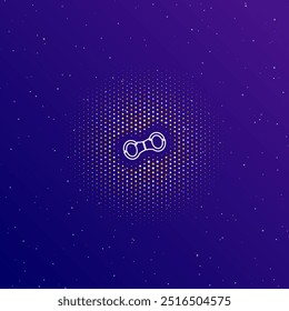 A large white contour handcuffs symbol in the center, surrounded by small dots. Dots of different colors in the shape of a ball. Vector illustration on dark blue gradient background with stars
