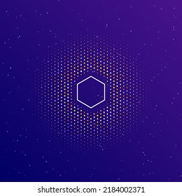Un grand hexagone de contour blanc au centre, entouré de petits points. Des points de couleurs différentes en forme de balle. Illustration vectorielle sur fond bleu clair avec étoiles