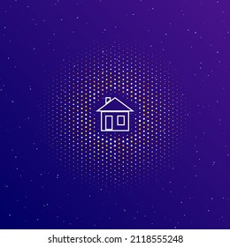 A large white contour house symbol in the center, surrounded by small dots. Dots of different colors in the shape of a ball. Vector illustration on dark blue gradient background with stars