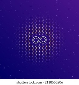 A large white contour infinity symbol in the center, surrounded by small dots. Dots of different colors in the shape of a ball. Vector illustration on dark blue gradient background with stars