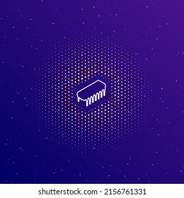 Un gran símbolo de circuito integrado de contorno blanco en el centro, rodeado de pequeños puntos. Ilustración vectorial sobre fondo de gradiente azul oscuro con estrellas