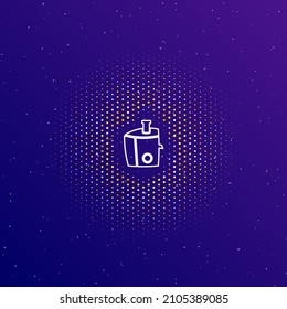 A large white contour juicer symbol in the center, surrounded by small dots. Dots of different colors in the shape of a ball. Vector illustration on dark blue gradient background with stars