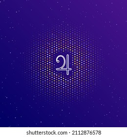 A large white contour jupiter astrological symbol in the center, surrounded by small dots. Vector illustration on dark blue gradient background with stars