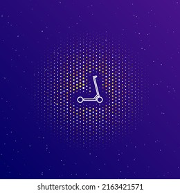 A large white contour kick scooter symbol in the center, surrounded by small dots. Dots of different colors in the shape of a ball. Vector illustration on dark blue gradient background with stars