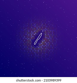 Ein großes weißes Küchenmesser-Symbol in der Mitte, umgeben von kleinen Punkten. Punkte verschiedener Farben in Form eines Balles. Vektorgrafik auf dunkelblauem Farbverlauf-Hintergrund mit Sternen