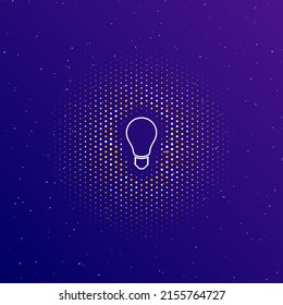 A large white contour lamp symbol in the center, surrounded by small dots. Dots of different colors in the shape of a ball. Vector illustration on dark blue gradient background with stars