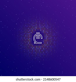 A large white contour lary symbol in the center, surrounded by small dots. Dots of different colors in the shape of a ball. Vector illustration on dark blue gradient background with stars