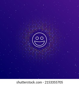A large white contour laughter face symbol in the center, surrounded by small dots. Dots of different colors in the shape of a ball. Vector illustration on dark blue gradient background with stars