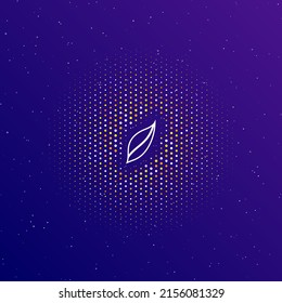 A large white contour leaflet symbol in the center, surrounded by small dots. Dots of different colors in the shape of a ball. Vector illustration on dark blue gradient background with stars