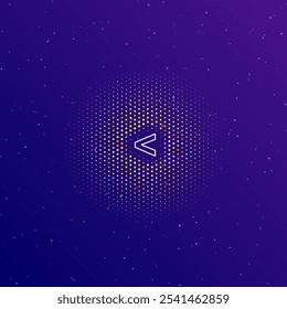 A large white contour less symbol in the center, surrounded by small dots. Dots of different colors in the shape of a ball. Vector illustration on dark blue gradient background with stars