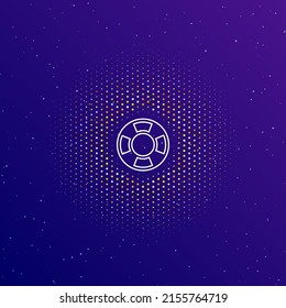 A large white contour lifebuoy symbol in the center, surrounded by small dots. Dots of different colors in the shape of a ball. Vector illustration on dark blue gradient background with stars